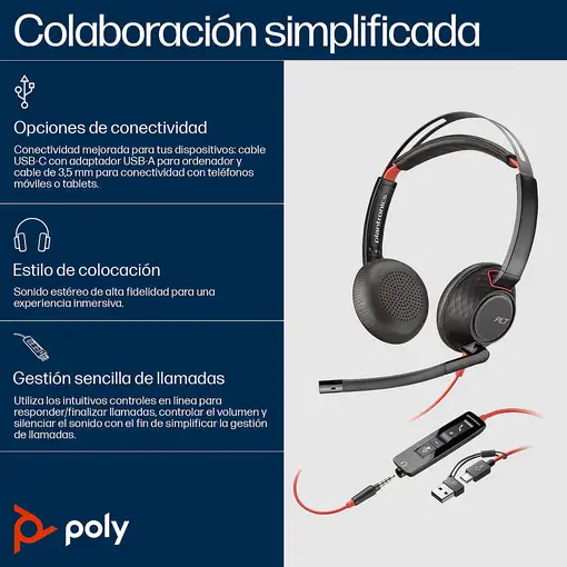 POLY Auriculares estéreo Blackwire 5220 USB-C + Conector de 3,5 mm + Adaptador USB