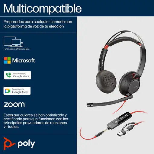 POLY Auriculares estéreo Blackwire 5220 USB-C + Conector de 3,5 mm + Adaptador USB