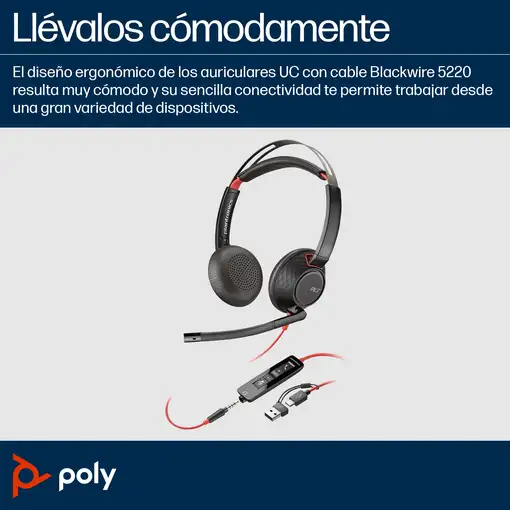 POLY Auriculares estéreo Blackwire 5220 USB-C + Conector de 3,5 mm + Adaptador USB
