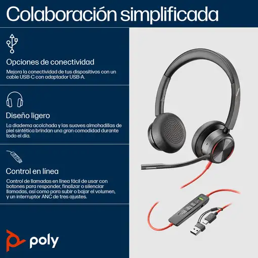 POLY Auriculares estéreo Blackwire 8225 con certificación Microsoft Teams USB-C +