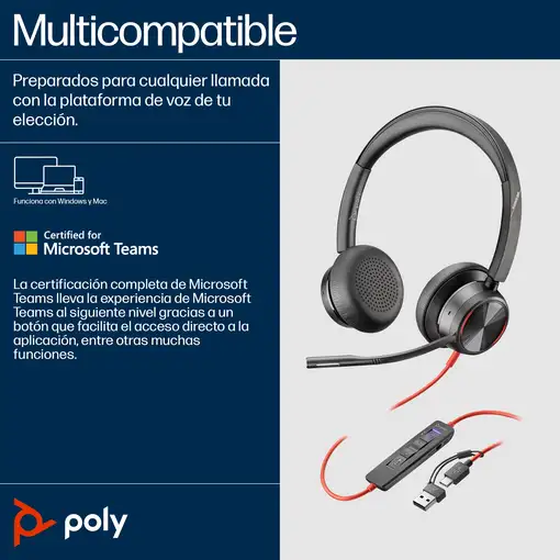 POLY Auriculares estéreo Blackwire 8225 con certificación Microsoft Teams USB-C +