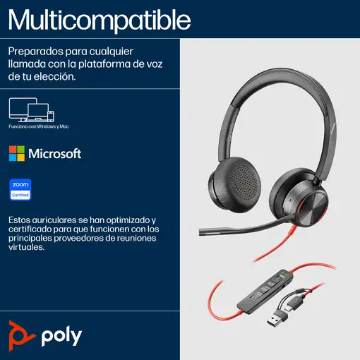 POLY Auriculares estéreo Blackwire 8225 con certificación Microsoft Teams USB-C +