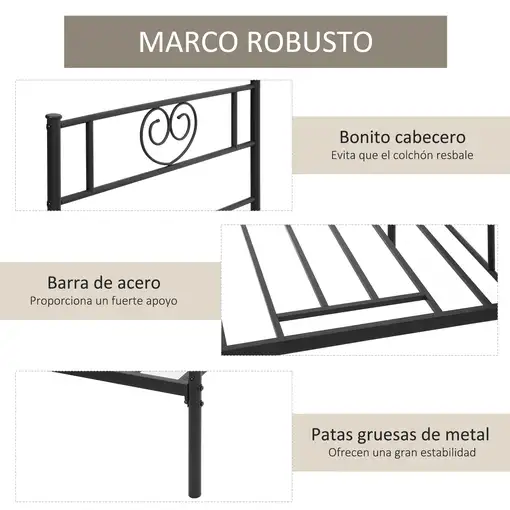 Marco Cama Individual Metal para Colchón 90x190cm Cabecera Forma Corazón HOMCOM
