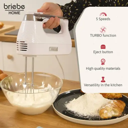 Batidora de Varillas Eléctrica  Amasadora 5 Velocidades + Turbo,HM1174WHT, Briebe