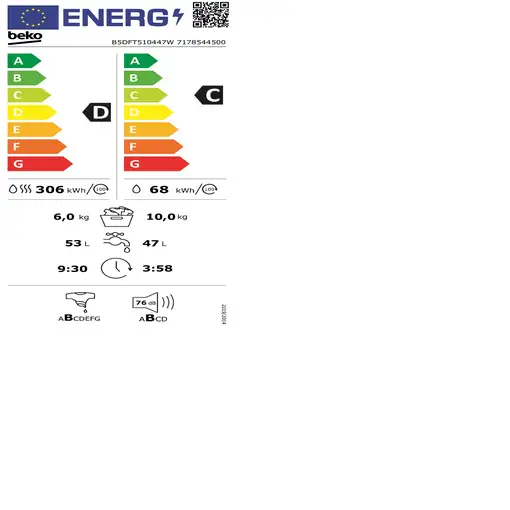 Lavadora-secadoras 6 / 10 kg 1400 rpm Blanco B5DFT510447W BEKO