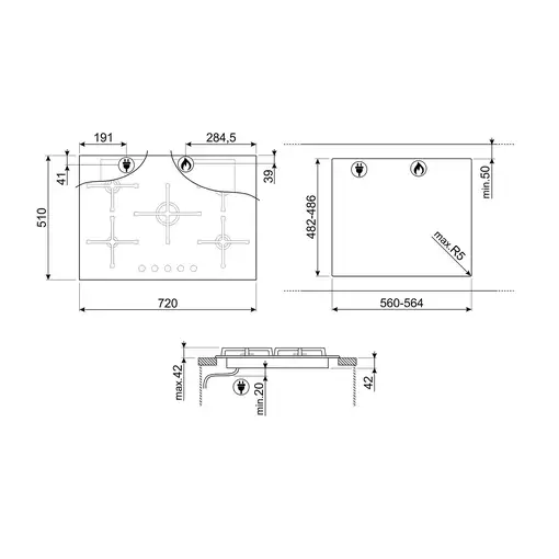 Smeg PV175B3 hobs Negro Integrado 70 cm Encimera de gas 5 zona(s)