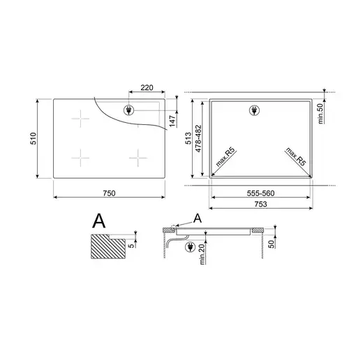 Smeg SIB2741D hobs Negro Integrado 75 cm Con placa de inducción 4 zona(s)