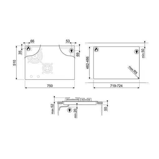 Smeg Classic PM3743D hobs Negro Integrado 75 cm Combi 4 zona(s)