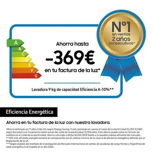 Lavadora carga frontal 9 kg 1400 RPM Blanco WW90DG5G34AEEC SAMSUNG
