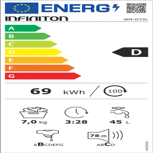 Infiniton WM-D72L lavadora Carga frontal 7 kg 1200 RPM Blanco