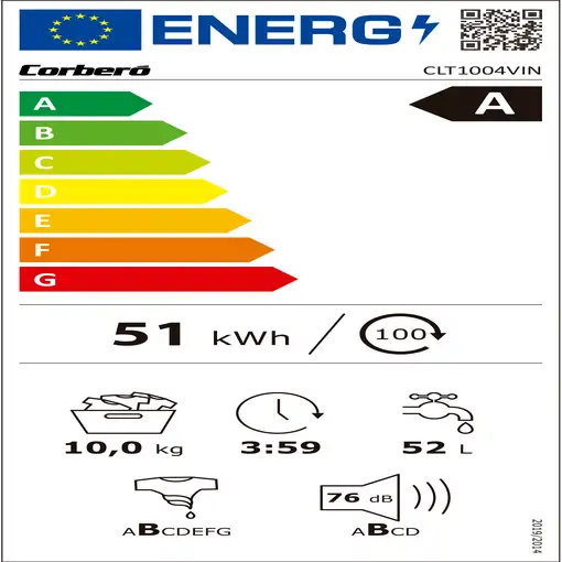 Lavadora carga frontal 10 kg 1400 RPM Blanco CLT1004VIN CORBERO