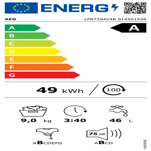Lavadora carga frontal 9 kg 1351 RPM Negro 914 501 536 AEG