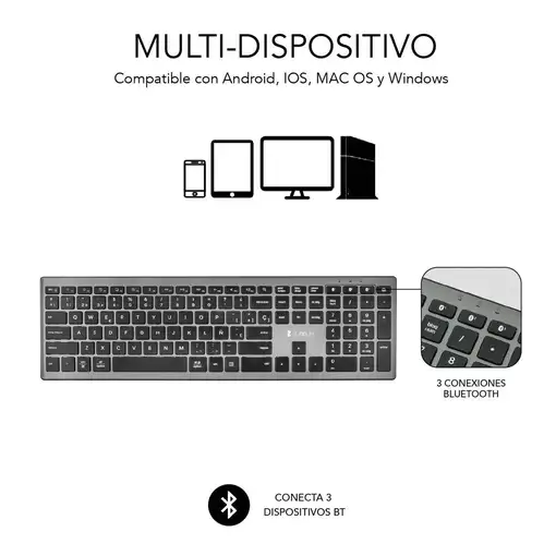 Teclado Pure Extended  Extendido Inalámbrico Bluetooth  GrisNegro