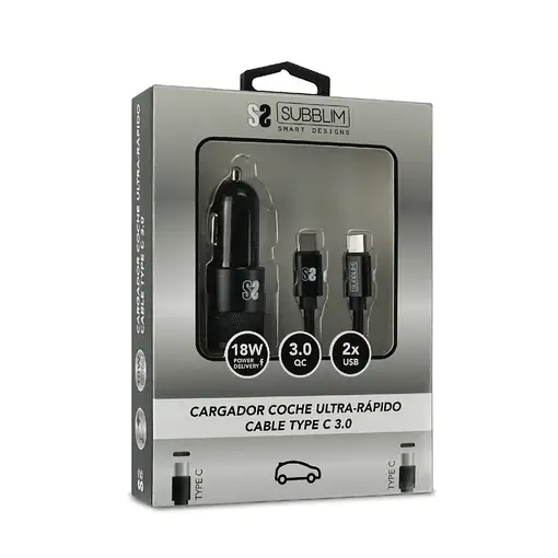 Cargador Coche Dual Pd Car Charger Pd18W+2.4A + Cable C To C Negro