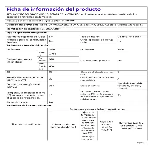 Infiniton SBS-506A77BEH nevera puerta lado a lado Independiente 505 L E Blanco