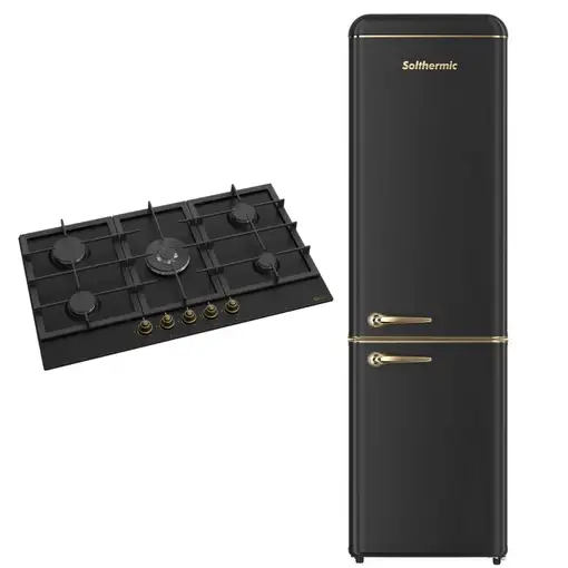 Solthermic® Pack Placa Gas 90 Bl042 Negra con Wok + Frigo-Combi Retro 1,88 Negro