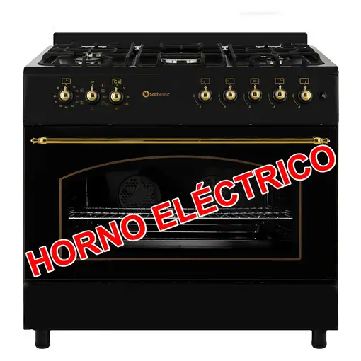 SOLTHERMIC® COCINA F9L50E5RB GAS NEGRA RÚSTICA 90X60 HORNO ELECTRICO PANORAMICO