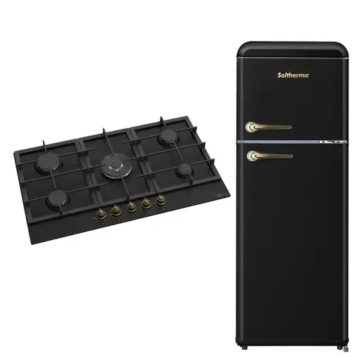 Solthermic® Pack Placa Gas Bl032 Negra Rustica De 70 + Frigo Retro 1,47 Negro