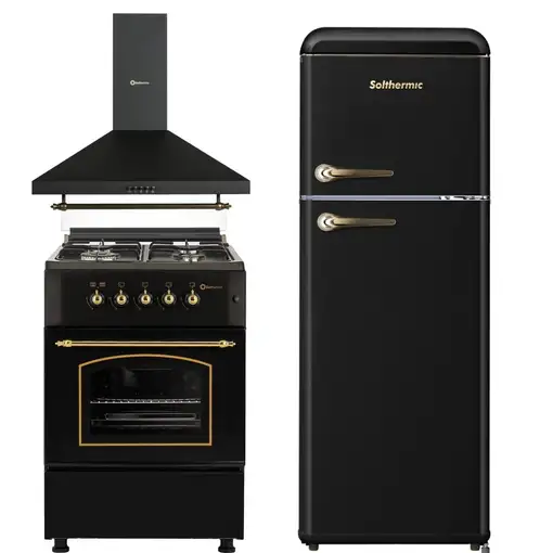 Solthermic® Pack Negro Rústico Cocina Gas + Campana H60pr + Frigorifico Retro 1,47