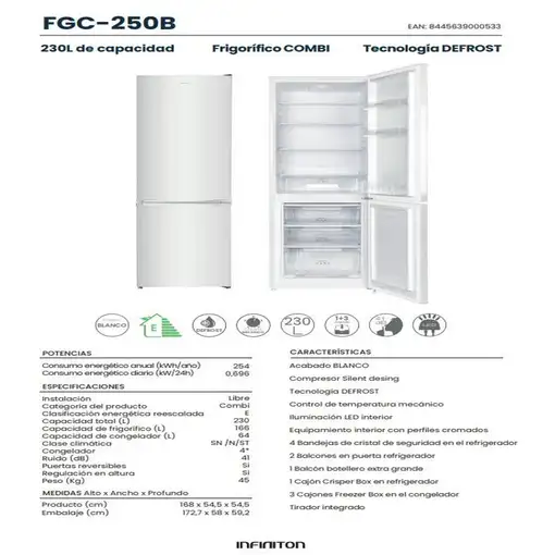 Frigorifico Combi Infiniton FGC-250B, 230 Litros, 168 cm, E, DEFROST, Blanco