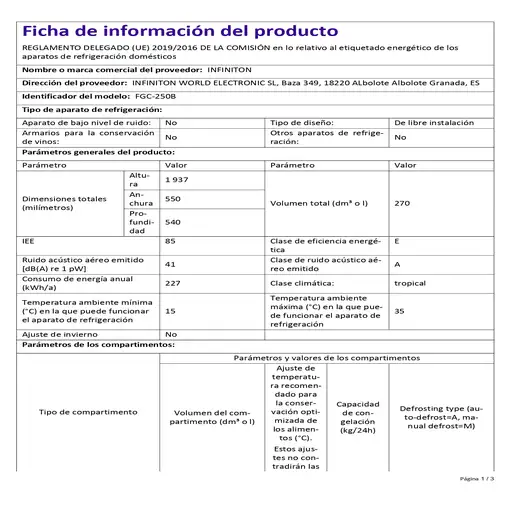 Frigorifico Combi Infiniton FGC-250B, 230 Litros, 168 cm, E, DEFROST, Blanco