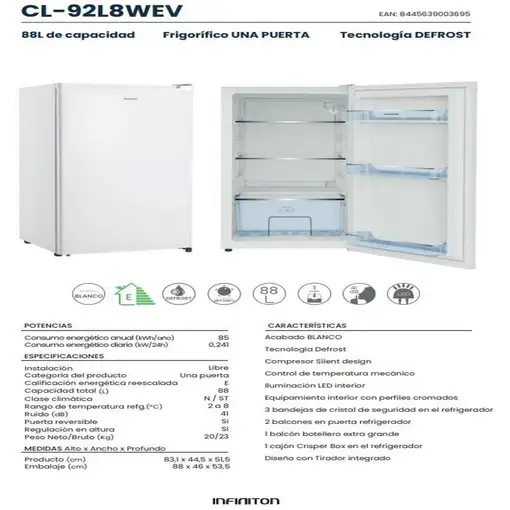 Frigorifico Una Puerta CL-92L8WEV, 88 l, 83 cm, Ciclico, E, Blanco