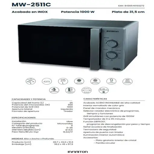 Microondas Infiniton MW-2511C, 25 Litros, 900 W, DEFROST, Plata