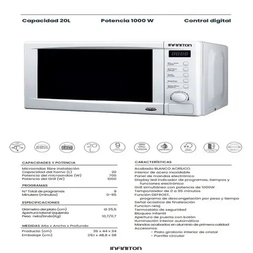 Microondas INFINITON MW-A20BGL, 20 Litros, 700 W, Grill, Pantalla Led, Blanco