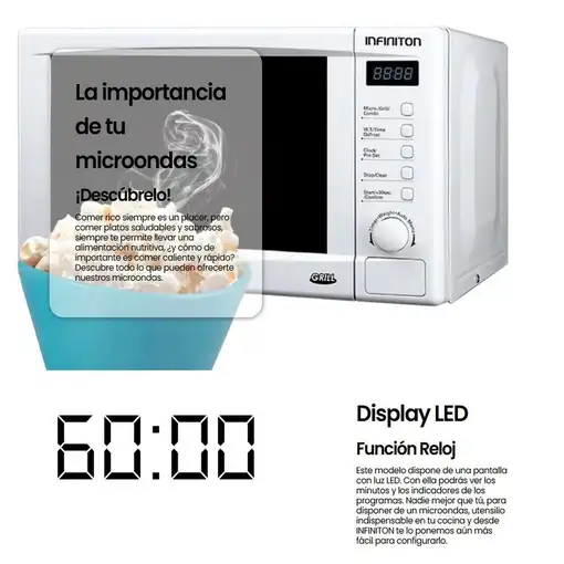 Microondas INFINITON MW-A20BGL, 20 Litros, 700 W, Grill, Pantalla Led, Blanco