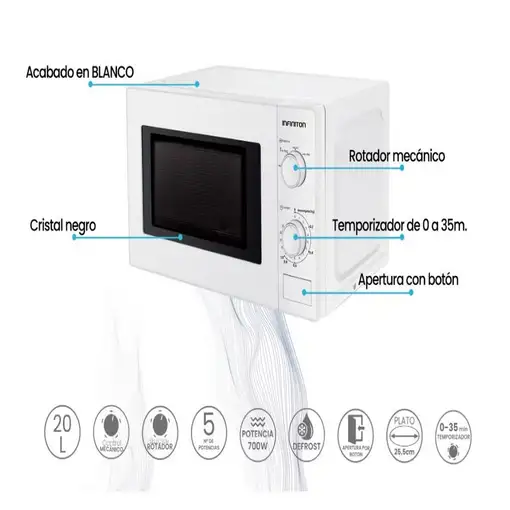 Microondas Infiniton MW-20CT5, 20 Litros, 700 W, DEFROST, Blanco