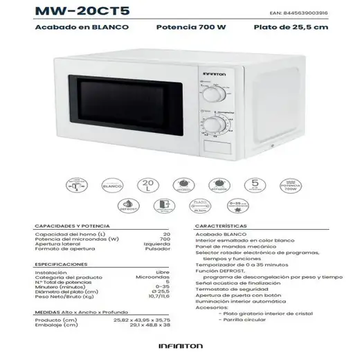 Microondas Infiniton MW-20CT5, 20 Litros, 700 W, DEFROST, Blanco