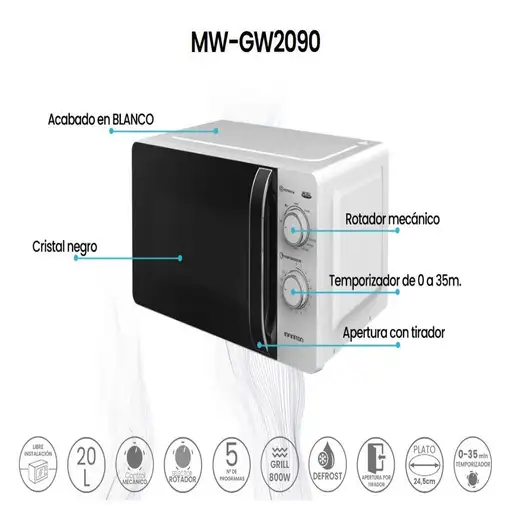 Microondas Infiniton MW-GW2090, 20 l, 700 W, DEFROST, Grill, Blanco