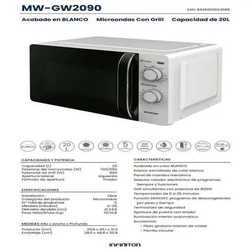 Microondas Infiniton MW-GW2090, 20 l, 700 W, DEFROST, Grill, Blanco