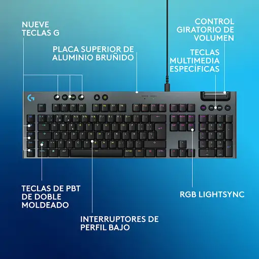 Logitech G Teclado mecánico para gaming con cable de perfil bajo G915 X, teclas de
