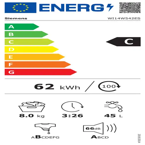Lavadora carga frontal 8 kg 1400 RPM No aplicable WI14W542ES SIEMENS