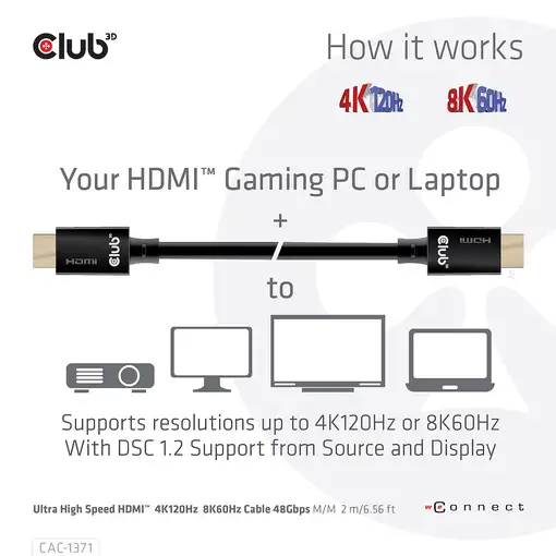 CLUB3D Ultra High Speed HDMI 4K120Hz, 8K60Hz Certified Cable 48Gbps M/M 1 m/3.28 f