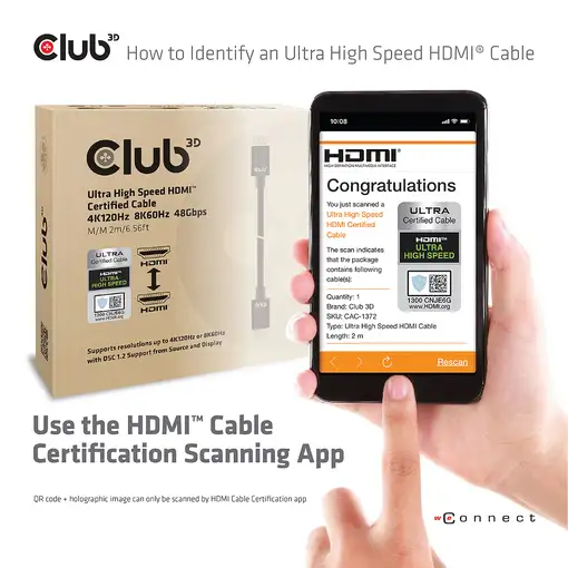 CLUB3D Ultra High Speed HDMI 4K120Hz, 8K60Hz Certified Cable 48Gbps M/M 2 m / 6.56