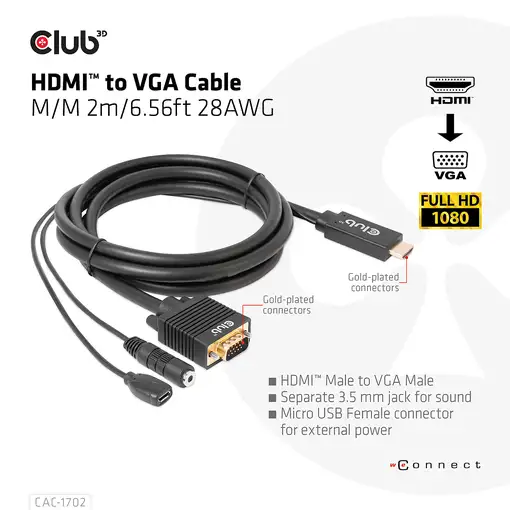 CLUB3D CAC-1712 adaptador de cable de vídeo 2 m VGA (D-Sub) + 3,5mm HDMI + Micro-U