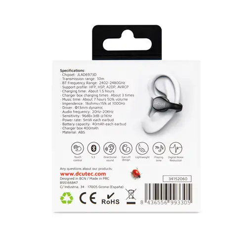 DCU Tecnologic Auriculares Bluetooth CLIP BUDS negros