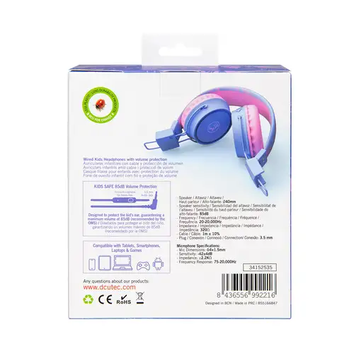 Auriculares infantiles con cable, protección de volumen y micrófono rosa/lila