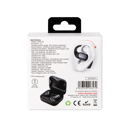 DCU Tecnologic Auriculares Bluetooth OWS Open-Ear negros