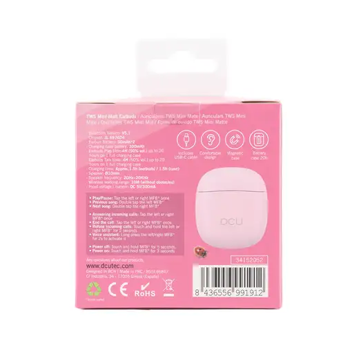 Auriculares Mini Mate Bluetooth 5.1 baja latencia y manos libres rosas