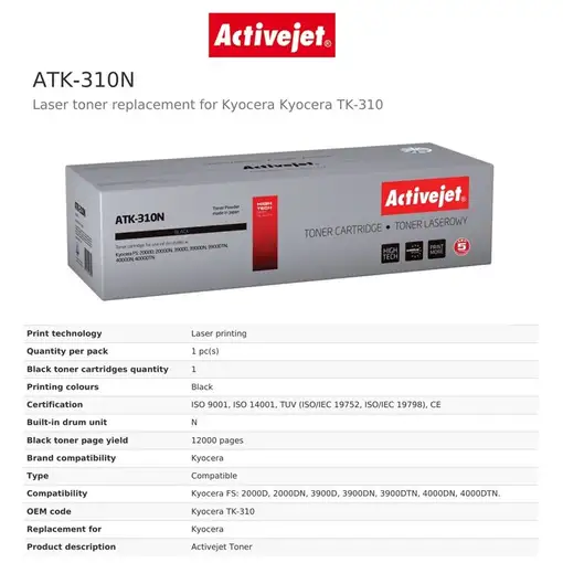 Activejet Cartucho de tóner ATK-310N (repuesto Kyocera TK-310; Supreme; 12000 pági