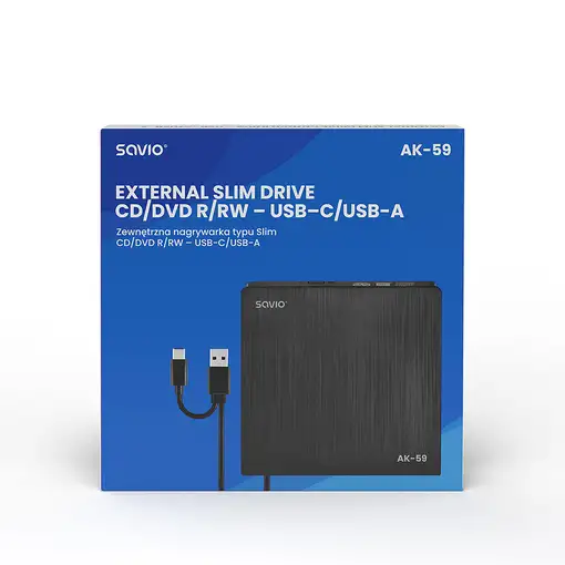Savio AK-59 External slim CD/DVD Recorder R/RW - USB-C/USB-A black unidad de disco
