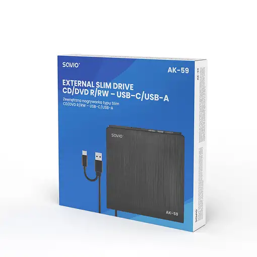 Savio AK-59 External slim CD/DVD Recorder R/RW - USB-C/USB-A black unidad de disco