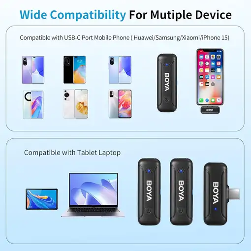 Micrófono Inalámbrico 2.4GHz, 2 Transmisores, Rango 100m, USB-C