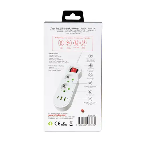 Regleta multifunción 2 tomas + 3 puertos USB (5V/ 2.1A) 10.5W