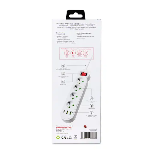 Regleta multifunción 4 tomas + 3 puertos USB (5V/ 2.1A) 10.5W