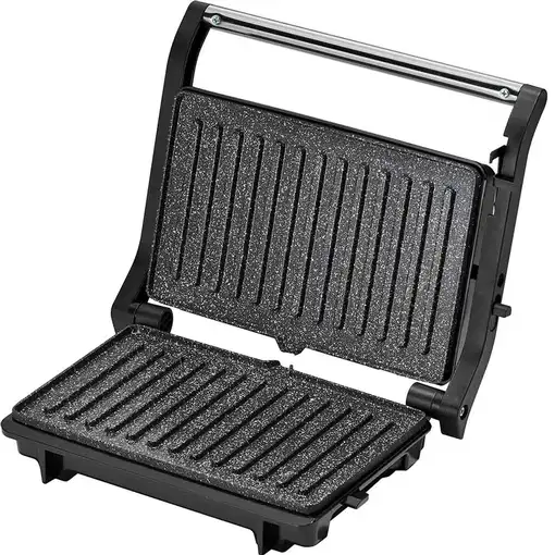 Grill eléctrico de 2000W con bandeja de residuos y apertura 180º