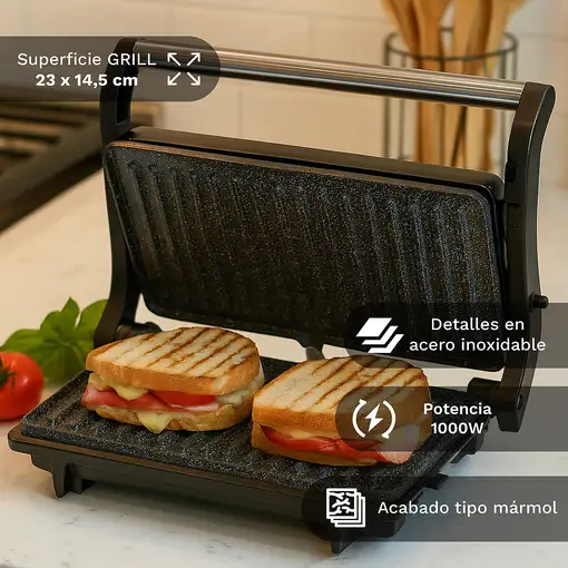 Grill eléctrico mini 1000 W, 23×14,5 cm, apertura 180°, GRL-MARBLE GRUNKEL